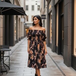 Bershka Black and Brown Off-Shoulder Midi Dress